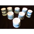 Vintage Eight piece set, plastic Blue and White horse themed Egg cup and Salt and Pepper holders.