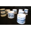 Vintage Eight piece set, plastic Blue and White horse themed Egg cup and Salt and Pepper holders.