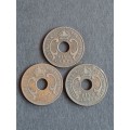 3 x East Africa 5 Cents 1923/1924/1925