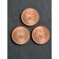 3 x SA 2 Cents 1965 - 1 English, 2 Afrikaans EF+/UNC