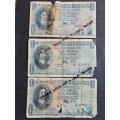 3 x MH de Kock One Pound Filler Notes (folds/tears/creases) - as per photograph