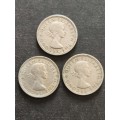 3 x Rhodesia and Nysaland Sixpence 1957 - as per photograph