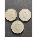 3 x East Africa 1 Shilling 1948/1949/1950 - as per photograph