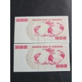 2 x Reserve Bank of Zimbabwe 500 Million Dollars Bearer Cheque 2008 consecutive numbers UNC - as per