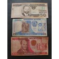3 x Mozambique Notes 50/500/1000 Meticias - as per photograph