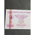 Reserve Bank of Zimbabwe 750000 Bearer Cheque issue date 31 Dec 2007 printed on 1000 dollar paperUNC