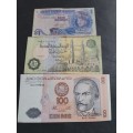 3 x World Notes Malaysia 1 Ringgit, Egypt 50 Piastres and Peru 100 Intis UNC - as per photograph