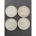 4 x Rhodesia and Nysaland Threepence 1965/1957 and 1964 - as per photograph