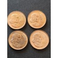 4 x Republic 2 Cents 1969, 3 by Afrikaans and 1 by English EF+/UNC - as per photograph