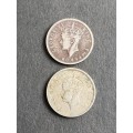 2 x Southern Rhodesia 1 Shilling 1947/1949 - as per photograph