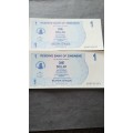 2 x Reserve Bank of Zimbabwe One Dollar Bearer Cheque issue date 1 August 2006 BU consecutive number