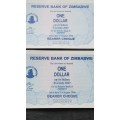 2 x Reserve Bank of Zimbabwe One Dollar Bearer Cheque issue date 1 August 2006 BU consecutive number