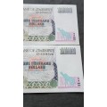 2 x Reserve Bank of Zimbabwe 1000 Dollars Harare 2003 BU consecutive numbers