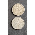 2 x Southern Rhodesia Sixpence 1947/1950 - as per photograph