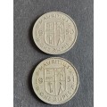 2 x Mauritius One Rupee 1950/1951 - as per photograph
