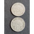 2 x East Africa 50 Cents 1948/1949 - as per photograph
