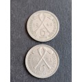 2 x Southern Rhodesia Sixpence 1948/1951 - as per photograph