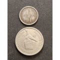Southern Rhodesia Threepence and One Shilling 1947 - as per photograph