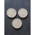 3 x Southern Rhodesia Threepence 1947/1951/1952 - as per photograph