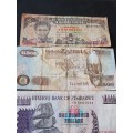 3 x Africa Notes, Swaziland 2 Emalangeni, Zambia 500 Kwacha and Zimbabwe 100 Dollars - as per photo