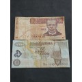 2 x Africa Notes Malawi 10 Kwacha and Zambia 500 Kwachas - as per photograph