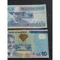 2 x Namibia 10 Dollar Notes ( 2 Governors) nice condition- as per photograph
