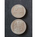 2 x Presidential Inauguration Five Rand Coins 1994 - as per photograph