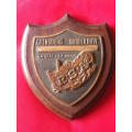 SA ARMY - BORDER DUTY BRASS PLAQUE ON HARDWOOD WITH STAND - BORDER WAR PERIOD