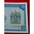 RHODESIA - USED $1 NOTE  - "SALISBURY - 2nd AUGUST 1979 # 127418" -  (4123)