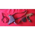 SA POLICE - EARLY GUN BELT + WALTER P38 HOLSTER + HANDCUFFS POUCH+ BAYONET FROG + GUN LANYARD  (533)