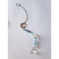 Unique suncatcher with blue & white glass beads, cat on moon charm & bling pendant Place in a window