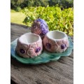 Really gorgeous & unusual crockery with pink & purple flowers Consists of 2 egg cups for boiled eggs