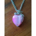 Stainless steel necklace with natural pink agate heart shape silver tone brass bow pendant