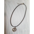 Black faux leather waxed cord necklace with Ohm pendant The necklace has an extender chain