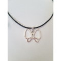 Black faux leather waxed cord with silver tone butterfly pendant