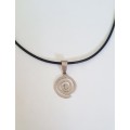 Black faux leather waxed cord necklace with stainless steel spiral pendant The necklace has an exten