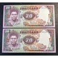 Swaziland 20 Enalangeni notes x 2 - 1986