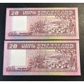 Swaziland 20 Enalangeni notes x 2 - 1986