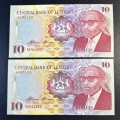 Lesotho 10 Maloti notes x 2 from 1990