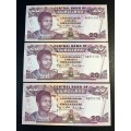 Swaziland 3 x 20 Emalangeni notes.