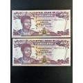 Swaziland 2 x 20 Emalangeni notes.
