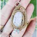 Rainbow Moonstone With Aquamarine Chips In Brass Pendant Necklace