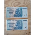 Set of 2 x 100 Trillion Zimbabwe Dollar Notes AA Series UNC