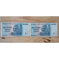 Set of 2 x 100 Trillion Zimbabwe Dollar Notes AA Series UNC