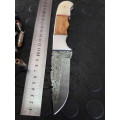 Handmade DAMASCUS Steel Knife, Camel Bone and wooden handle scales. Crazy R1 start, No reserve.