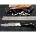 Handmade DAMASCUS  Folding Knife. BULL horn handle scales. Crazy R1 start, No reserve.