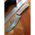 Handmade DAMASCUS Steel Knife, Camel Bone handle scales and gut hook.  Crazy R1 start, No reserve.