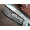 Handmade Damascus steel folding knife with Wooden handle scales. BIG SIZE.