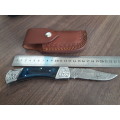 Handmade Damascus steel folding knife with Wooden handle scales. BIG SIZE.