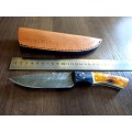 Handmade DAMASCUS Steel Hunting Knife, BURNT Camel Bone & Wooden Handle scales.